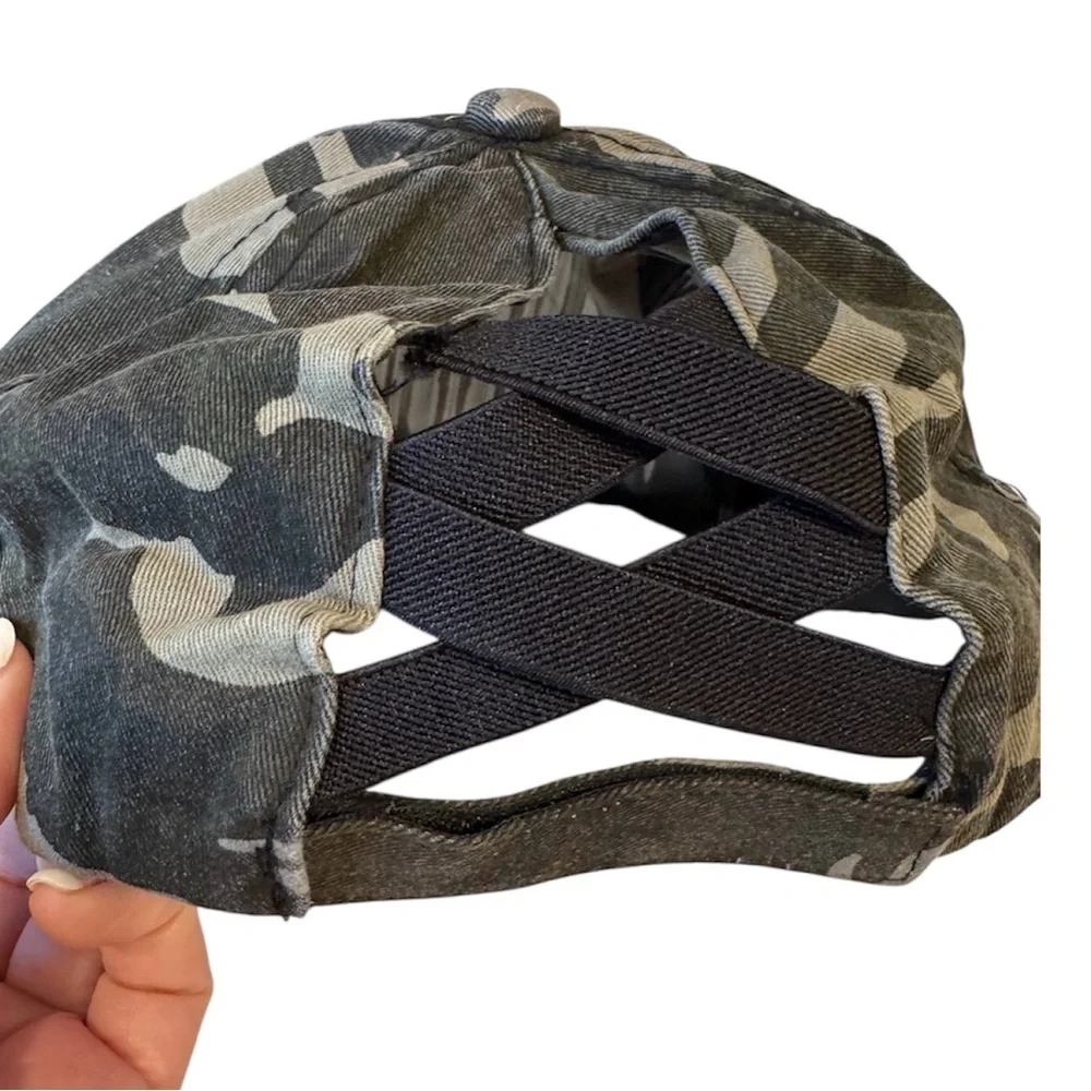 NWOT Camo Hat Distressed High Ponytail Criss Cross Back Washed Denim Camouflage